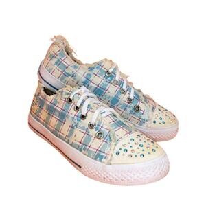 Justice Designer Girl's Pre-owned Blue & White Plaid Embellished Sneakers- sz. 2